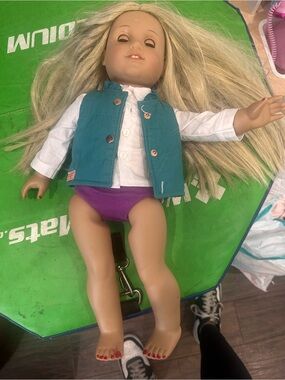American Girl Doll in Teal Vest and Purple Undergarment